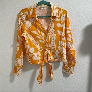 Christian Siriano Orange and White Leaf Print linen blend Button Down Shirt